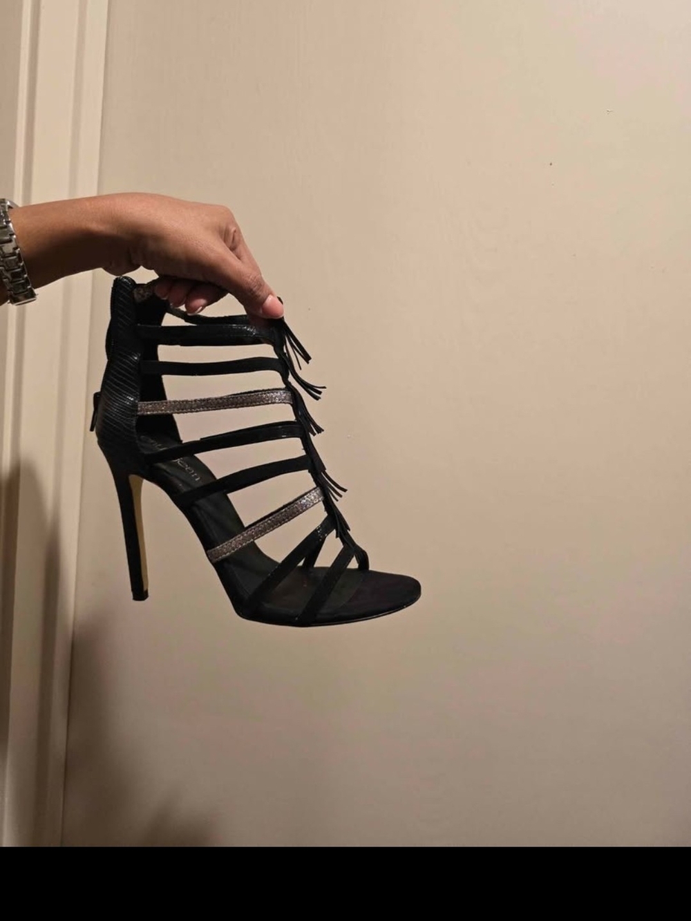 Cathy Jean Black Strappy Fringe Stiletto Sandal with Metallic Accents